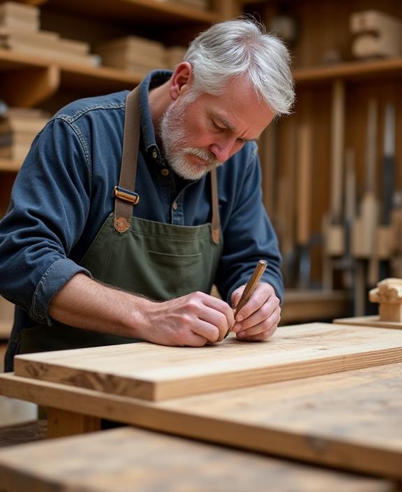 Ein erfahrener Tischler von AlpenHolz Design arbeitet präzise an einem Holzmöbelstück.