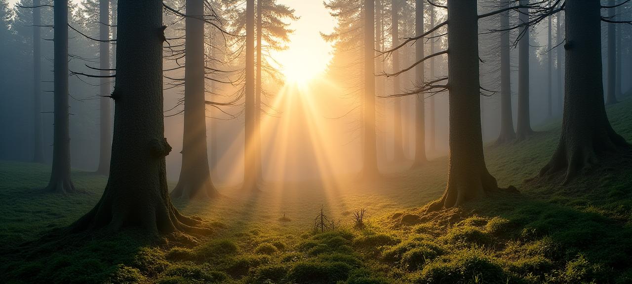 Sonnendurchfluteter, nebliger Wald in den Schweizer Alpen.