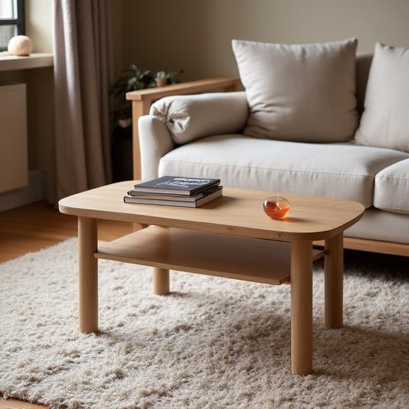 Minimalistischer Eichen-Couchtisch 'Jura' auf einem Teppich.