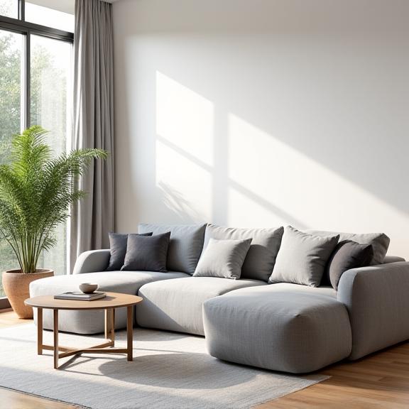 Graues modulares Sofa 'Matterhorn' in einem hellen Raum.