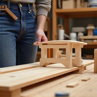 Ein Tischler fügt Holzteile in der Werkstatt zusammen.