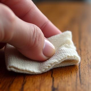 Eine Hand trägt sorgfältig Öl auf eine Holzoberfläche auf.